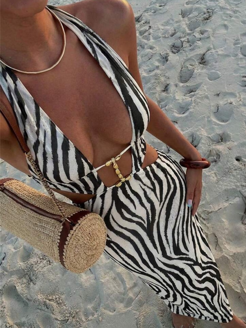 Aloruh Women's Bohemia Elegant Hollow Out Beaded Decor Zebra Print Dress